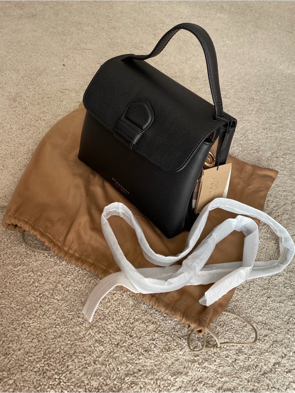 NWT Burberry Derby Leather House Check Camberley Small Satchel - Black